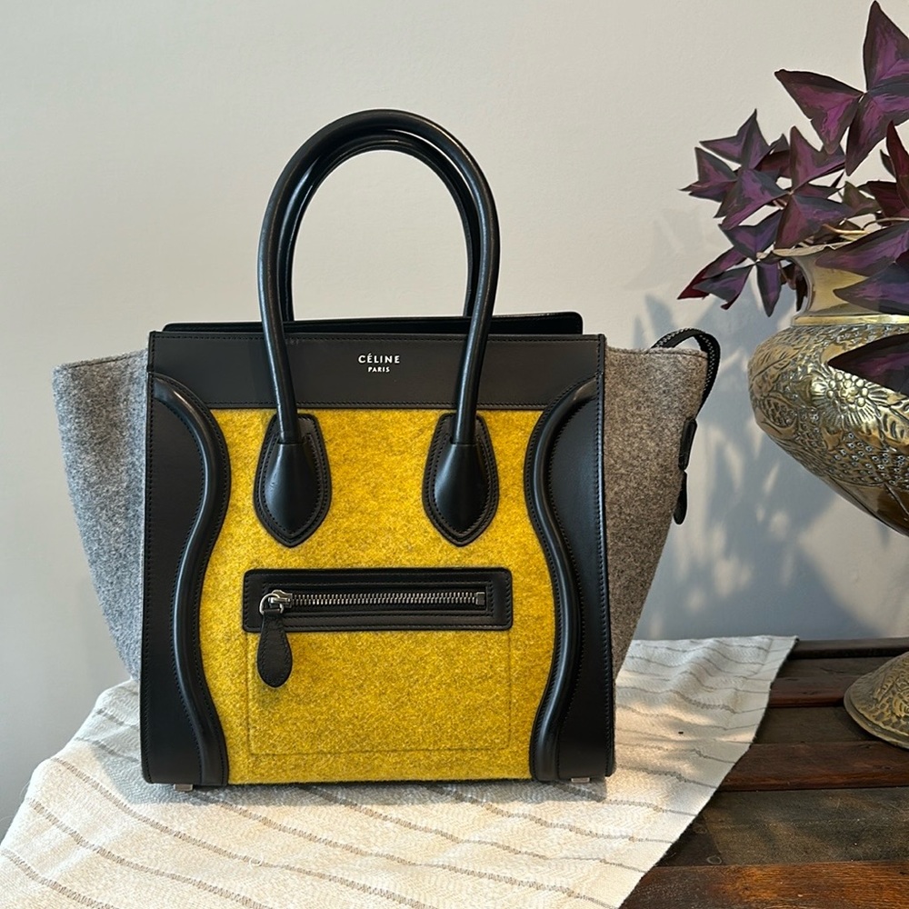Céline Yellow, Grey, Black Leather & Wool Felt Micro Shopper Tote Fall 16’ - Picture 3 of 17
